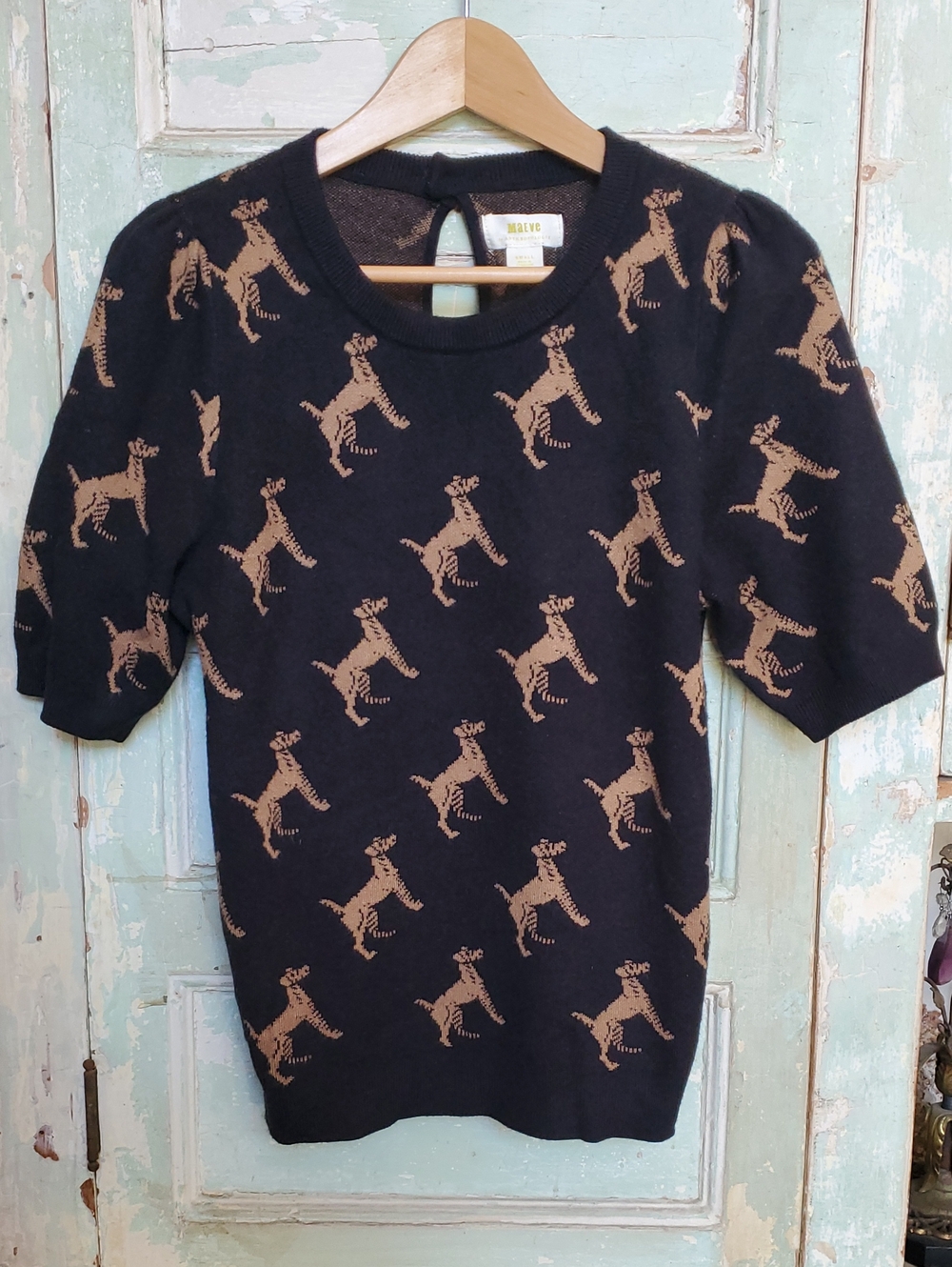 Anthropologie Maeve Black Knit Top with Tan Dog Motif
